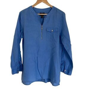 Jones & Co Womens‎ Linen Popover Top Size L Blue Long Roll Tab Sleeve Zip Neck